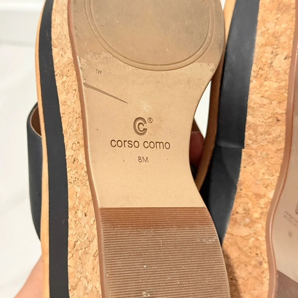 Corso Como Black Leather Platform Cork Thong Sandals 8M‎